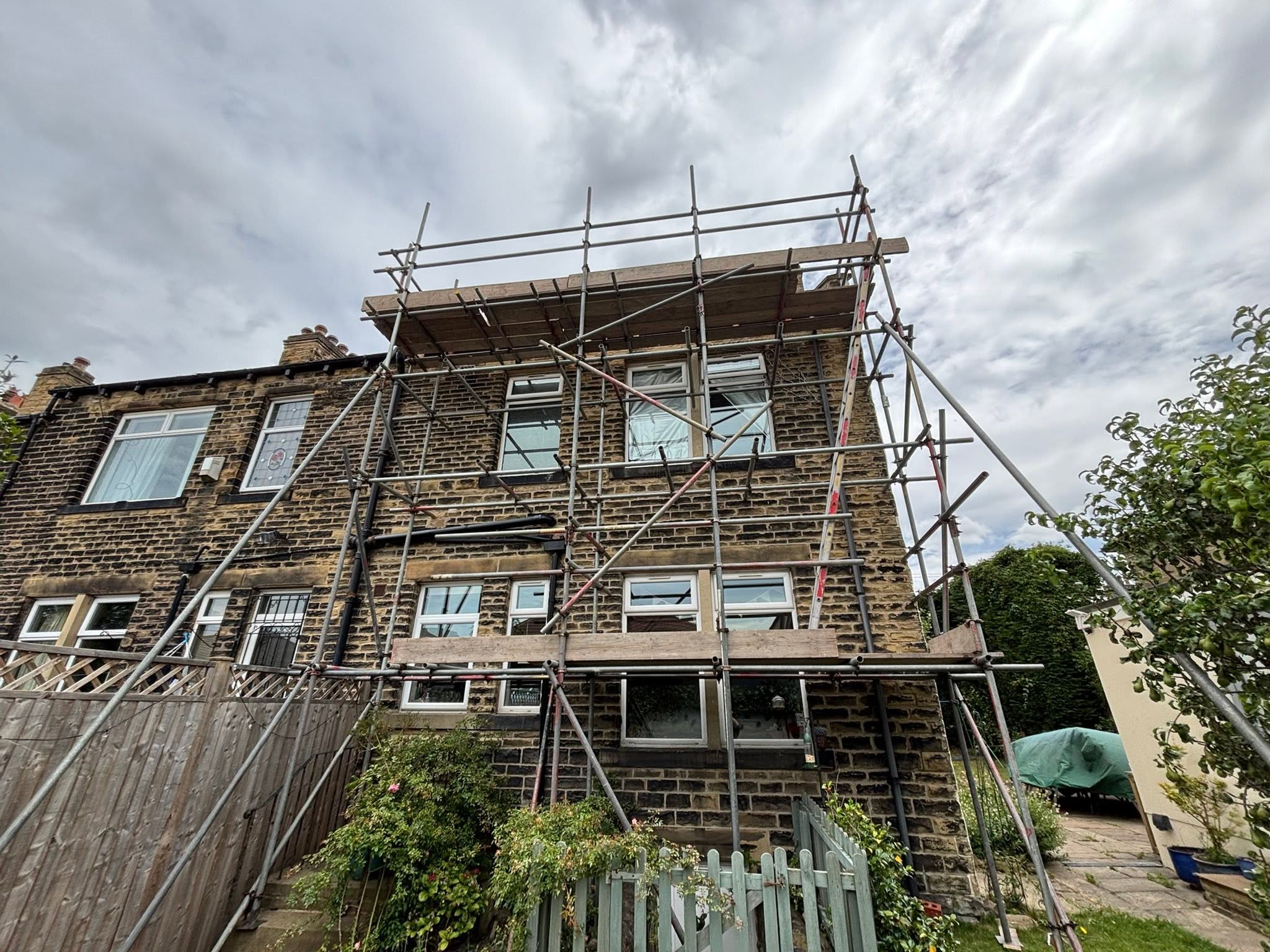 Scaffold tower on a terraced street in Leeds